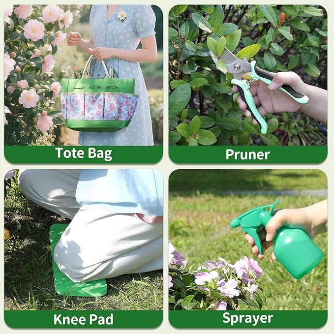 Garden Tool Set,10 Piece Garden Kit,Heavy Duty Stainless Steel Gardening Hand Tools with Durable Storage Tote,Rust-Proof Garden Tools,Gardening Gifts for Women Men Pink Floral Pattern Design-PawvioPets