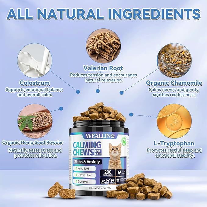 200 PCS Cat Calming Treats, Calming Treats for Cats Help to Manage Stress & Anxiety, Calming Aid for Cats with Hemp Seed Powder Chamomile Melatonin for Cat Anxiety Relief, Separation, Travel, Storms-PawvioPets