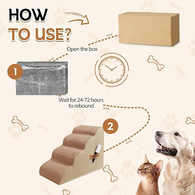 Dog Stairs, Romrol Dog Steps Ramp for High Bed and Couch, Dogs Ramp with Durable Non-Slip Waterproof Fabric Cover, Pet Stairs for Small Dogs and Cats or Pets Joints, 4-TiersLight Brown-PawvioPets