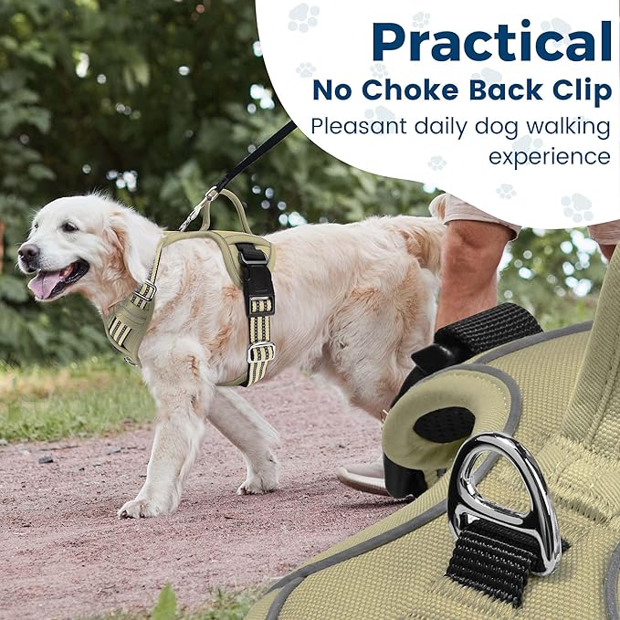 Funfox Dog Harness No Pull, Adjustable Pet Vest Harness, Super Soft Material with Vertical Handle Easy Control, Reflective Night Walking, 2 Leash Clips for XLarge Dogs, Army Green, XL-PawvioPets