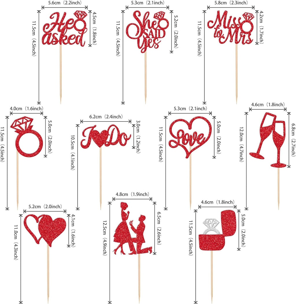 30 PCS He Asked She Said Yes Cupcake Toppers Glitter Engagement Cupcake Toppers Miss to Mrs I Do Love Heart Ring Miss to Mrs Cupcake Picks for Wedding Engagement Party Cake Decorations Supplies Red