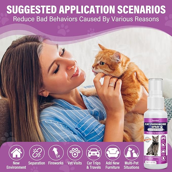 Cat Calming Pheromone Spray, 2 Pack, Calming Spray for Cat Anxiety Relief, Reduce Stress, Hiding & Scratching Furniture - During Travel, Fireworks, Thunder, 60 ML-PawvioPets