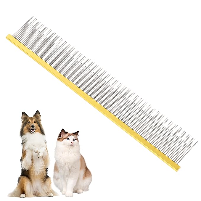 8.5 Inch Dual Tooth Pet Comb for Mats and Tangles，Professional Grooming Comb Removing Excess Hair for Long-Haired Cats and Dog Kit,Prevent Undercoat, Excess Hair,Mats and Tangles,Pet Essential-PawvioPets