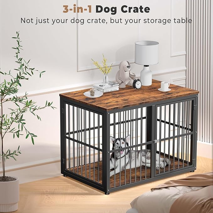 43'' Dog Crate Furniture with 3 Doors, XL Wooden Crate End Table Heavy Duty Indoor Puppy Cage for Medium to Large Dogs, Multiple Units Can be Combined-PawvioPets