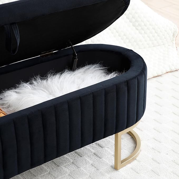 50" Sherpa Storage Ottoman Bench – Velvet Upholstered Bedroom Bench with Golden Metal Legs, Lift-Top Hidden Storage, Modern Footrest for Living Room, Entryway, Bed End (Black)-PawvioPets