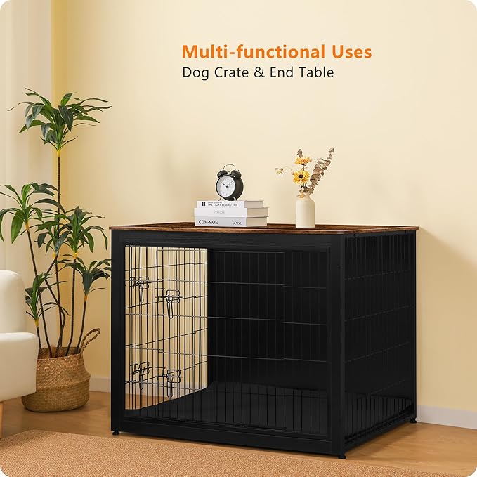 DWANTON Dog Crate Furniture with Cushion, Wooden Kennel Table with Double Doors, Indoor Dog House, Extra Large Size, 43.3" L, Black+Rustic Brown-PawvioPets