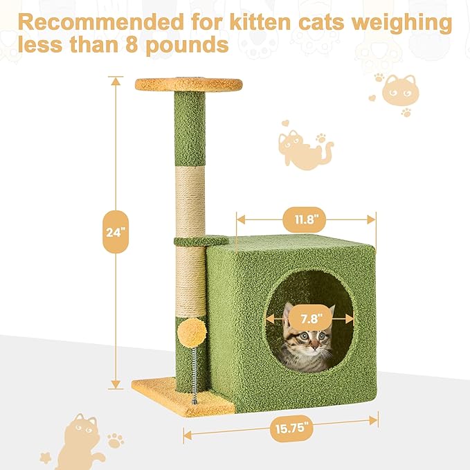 24 Inch Cat Tree Condo for Indoor Cats with Floral Sisal Scratching Post, Plush Hang Ball Play Furniture for Kittens Cats, Yellow-PawvioPets