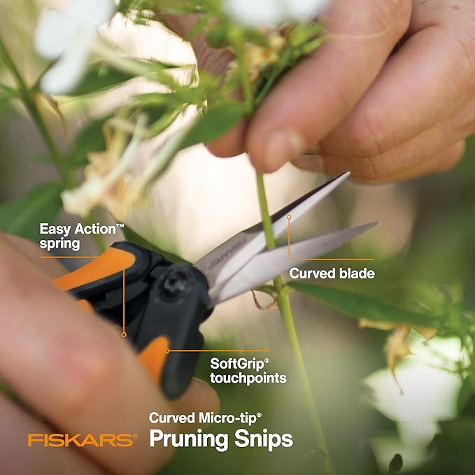 Fiskars Curved Micro-Tip Pruning Snips - 6" Garden Shears with Sheath and SoftGrip Handle - Yard and Garden Tools - Orange/Black-PawvioPets