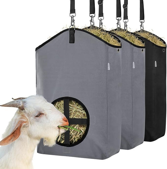3 Packs Goat Hay Feeder,Hay Bags for Goats,Horses,Sheep,Premium 600D Oxford Cloth,with Metal Fastener and Adjustable Open Feed Hole for Slow Feeding. (1 Black+2Grey)-PawvioPets