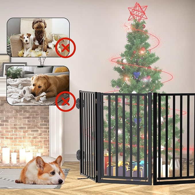 Free Standing Dog Gate with Door for Indoor Outdoor, Portable Dog Fence Foldable Design, Metal Black 32" Tall, Expandable 4 Panels Use for Front Door, Yard, Stairs-PawvioPets