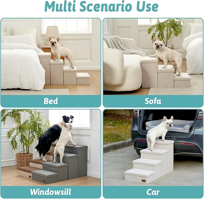 Dog Stairs with Storage, 3-Step Wider Sturdy Dog Steps for Small/Medium/Large Dogs and Older Cats, Folding Doggie Ramp for Bed/Couch/Car Hold Up to 180 lbs (16.7" H, Beige)-PawvioPets