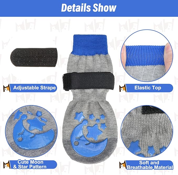 BEAUTYZOO Anti-Slip Dog Socks with Grips Traction Control for Small Medium Large Dogs, Non Skid Indoor Double Side Pet Paw Protector for Hardwood Floor Wear (Moon and Star, Small)-PawvioPets