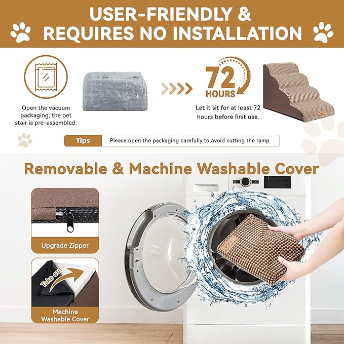 Dog Ramp and Stair for Bed 16" H-20 H,3-Step Cat Stair for Sofa and Chair,4-Step Dog Ramp for High Bed and Window,Durable Nonslip Fabric Cover for Indoor (Coffee-20 H, Pet Friendly, 4)-PawvioPets