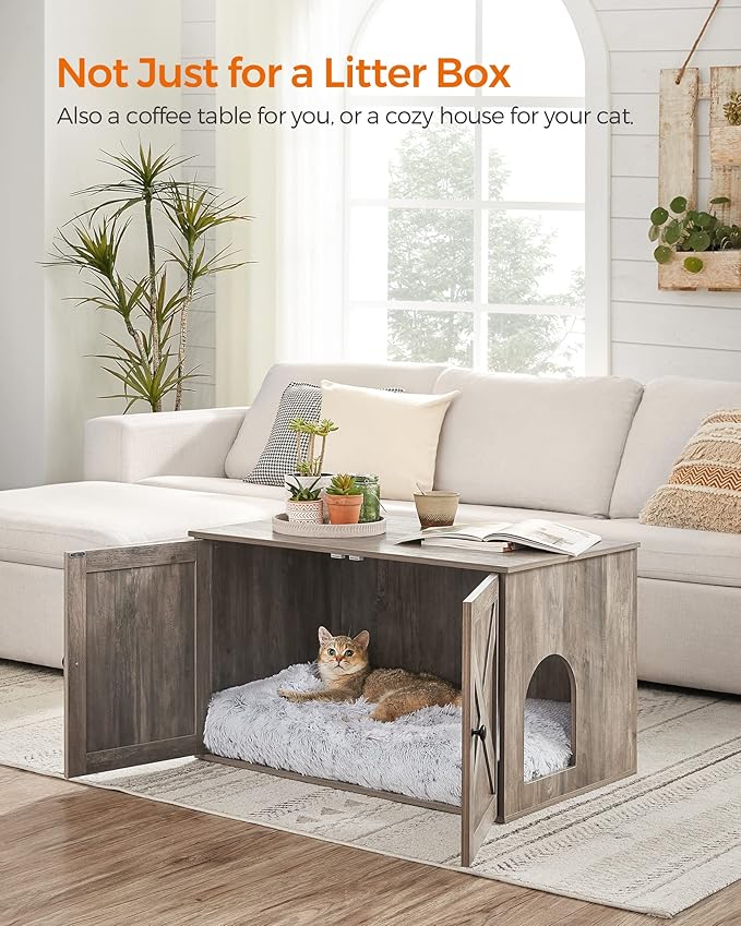 Feandrea Cat Litter Box Enclosure, Litter Box Furniture Hidden with Removable Divider, Indoor Cat House, End Table, 31.5 x 20.9 x 19.7 Inches, Greige UPCL002G01-PawvioPets