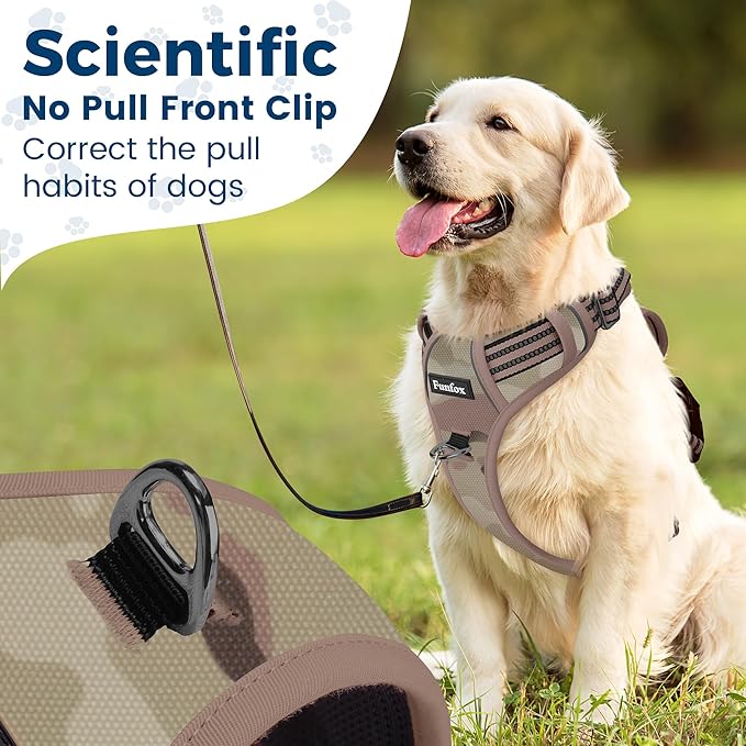 Funfox Dog Harness No Pull, Adjustable Pet Vest Harness, Super Soft Material with Vertical Handle Easy Control, Reflective Night Walking, 2 Leash Clips for Large Dogs, Camo Brown, L-PawvioPets