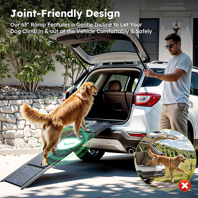 Dog Ramp for Car, 63" Folding Pet Ramp for Large Dogs up to 200 lb, 17" Wide Car Ramp for Dog, Portable Pet Stair Ramp with Nonslip Rug Surface, Outdoor Dog Ramp for Truck SUV High Bed Couch-PawvioPets