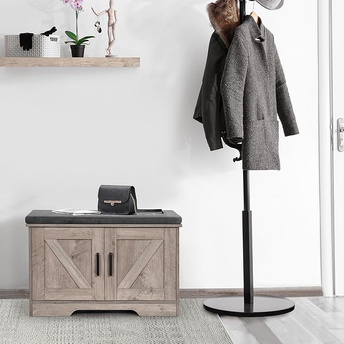 2-Tier Storage Bench, Shoe Bench with Padded Seat Cushion, Entryway Bench with 2 Barn Doors, Adjustable Shelf, 13.8" D x 27.6" W x 17.7" H, for Entryway, Living Room, Bedroom, Greige-PawvioPets