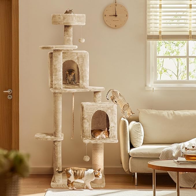 59in Large Cat Tree Tower for Indoor Cats with Soft Plush Hang Ball, Two Condos, Sisal Scratch Posts & Rope Play for Kittens/Adult Cats, New Beige-PawvioPets