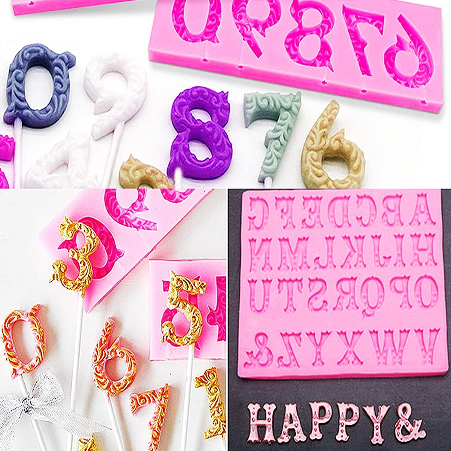 Silicone Fondant Molds, AIMEIKI 3 Pack 3D Silicone Number 0-9 Alphabet A-Z Embossed Fondant Chocolate Baking Molds for Decorating Birthday Cake Candy Chocolate DIY Craft Projects