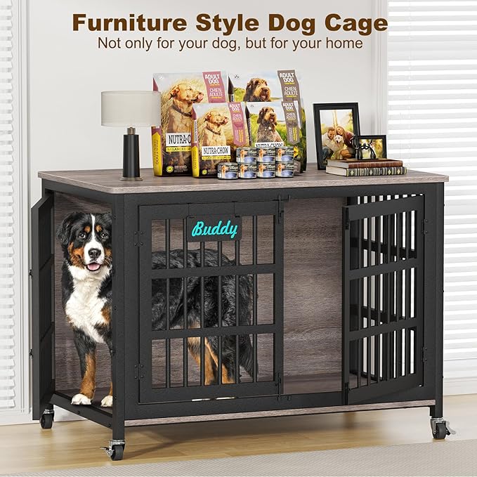 EasyCom 48"/42"/33" XXL Dog Crate Furniture with Casters, Heavy Duty Dog Kennel Indoor for Large Dogs, Escape-Proof and Chew-Proof Dog Cage for high Anxiety Dog, Decorate House as TV Stand, End Table-PawvioPets