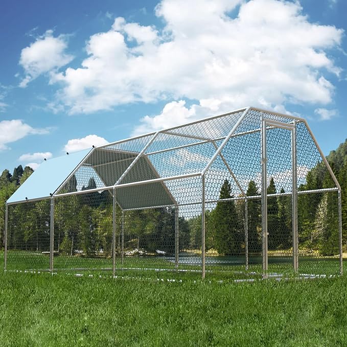 4ever2buy 1.26’’ Large Metal Chicken Coop Run Walk in, Chicken Pen for Chickens, Outdoor Chicken Runs Coops, Flat Roofed Chicken Runs for Yard with Anti-Ultraviolet Cover (9.2’L x18.7’Wx 6.4’H)-PawvioPets