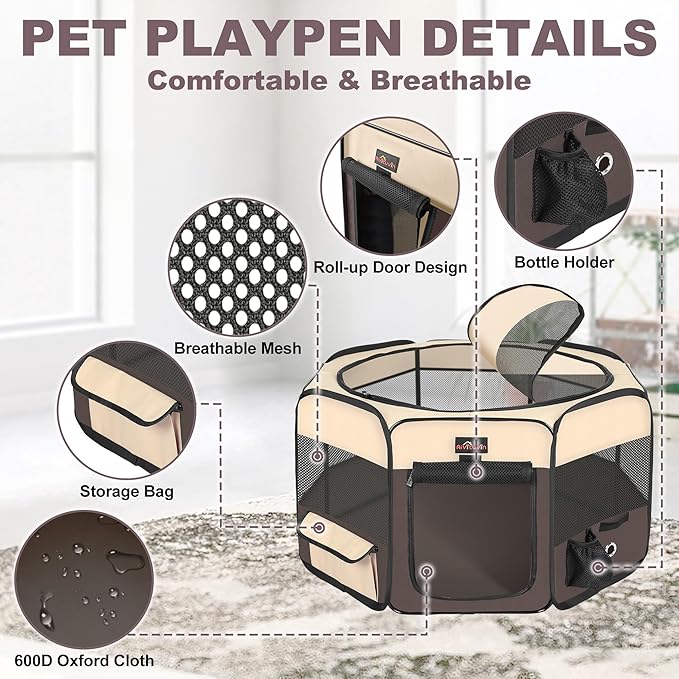 Aivituvin Dog Playpen, Foldable Pet Play Pens with Carrying Bag for Cat, Puppies, Rabbits, Portable Dog Tent Crates Cage for Travel Camping Indoor Outdoor, Removable Shade Cover, Brown M-PawvioPets