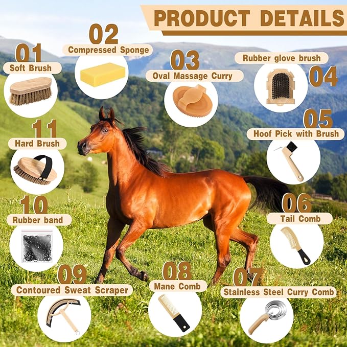 Abbylike 12 Pieces Horse Grooming Kit Racing Festival Tack Room Supplies Horse Brush Sets Equine Care Cleaning Kit Shedding Grooming Massaging Tools(Khaki)-PawvioPets