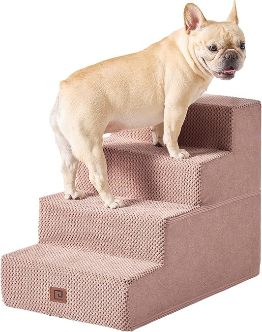 EHEYCIGA Dog Stairs for Bed 18" H, 4-Step Dog Steps for High Bed, Pet Steps for Small Dogs and Cats, Non-Slip Balanced Pet Ramp Indoor, Pink-PawvioPets
