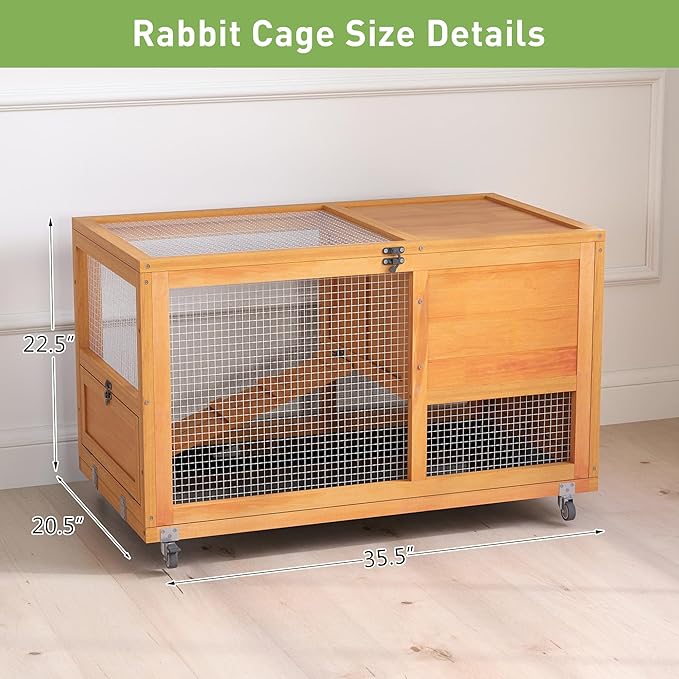 COZIWOW Fashionable Wood 36Inches Rabbit Hutch Indoor with Wheels Bunny Cage Outdoor Fashion Rabbit Cage with Clean Tray, Openable Roof, Anti-Slip Ramp for Small Bunny Rabbit (Orange)-PawvioPets