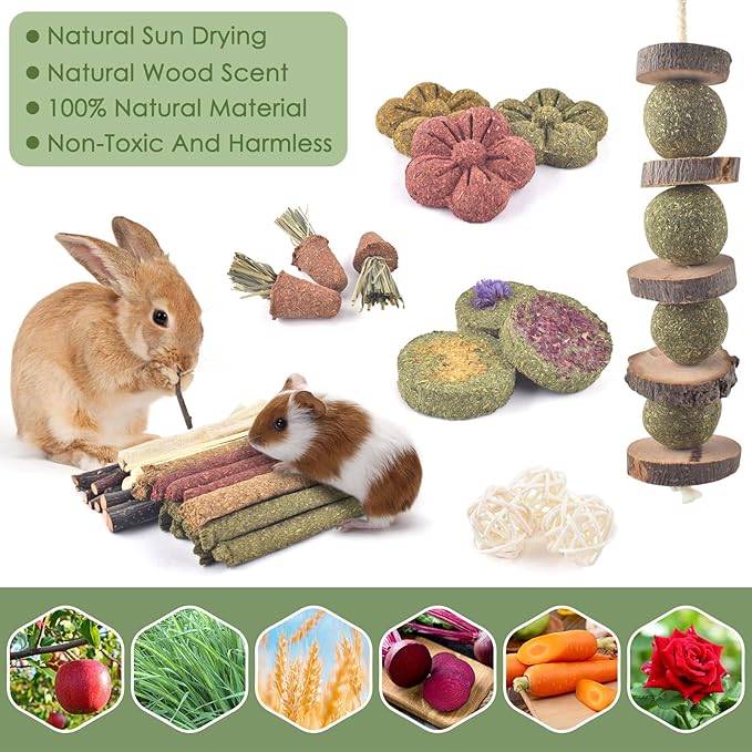 ERKOON Bunny Toys Boredom, 42 PCS Bunnies Timothy Hay Sticks Carrots Rose Grass Cake Dental Care, Molar, Chinchillas Toy Chew Toy, Guinea Pigs, Hamsters, Chinchilla, Rabbit Chew Toys for Teeth-PawvioPets