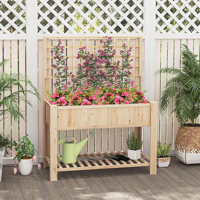 Giantex Raised Garden Bed with Trellis, Wooden Elevated Planter Box with Legs, Drainage Holes for Climbing Plants Vines Vegetables Flowers Herbs, Outdoor Horticulture Planter for Patio Yard-PawvioPets