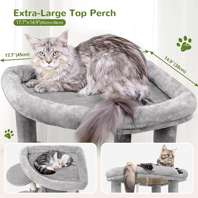 Globlazer Corner Cat Tree for Large Cats, 66inch Tall Curved Series Large Cat Tower for Multiple Indoor Cats with 6 Scratching Posts, 2 Spacious Cat Condos, Hammock, Hanging Basket, C66, Light Grey-PawvioPets