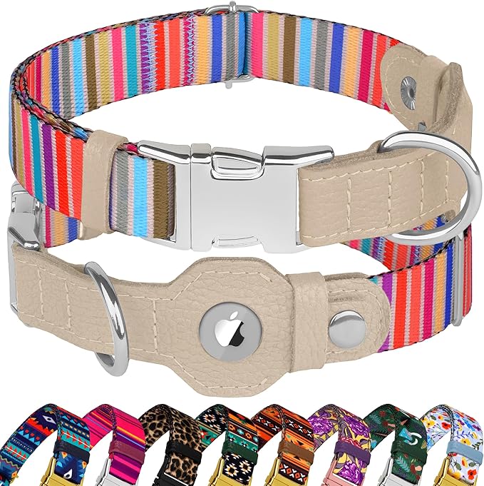 AirTag Dog Collar for Small Medium Large Breed - Adjustable Cute Pattern Dog Collar with Airtag Holder - Soft Leather Tracker GPS Apple Air Tag Pet Collars (X-Small, 9"-12" Neck Fit, Serape)-PawvioPets