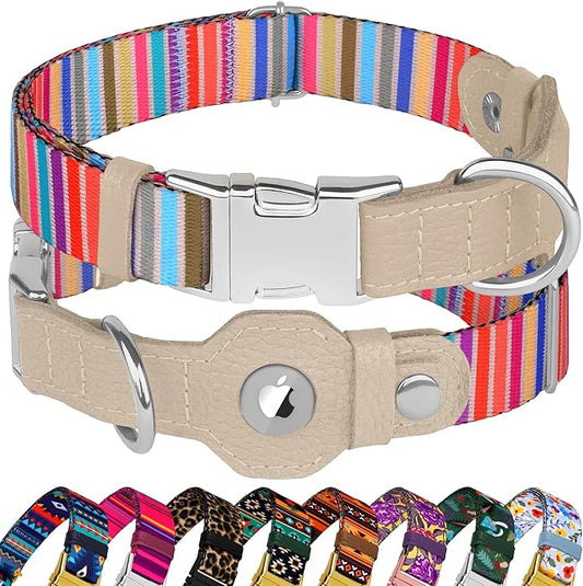 AirTag Dog Collar for Small Medium Large Breed - Adjustable Cute Pattern Dog Collar with Airtag Holder - Soft Leather Tracker GPS Apple Air Tag Pet Collars (X-Small, 9"-12" Neck Fit, Serape)-PawvioPets