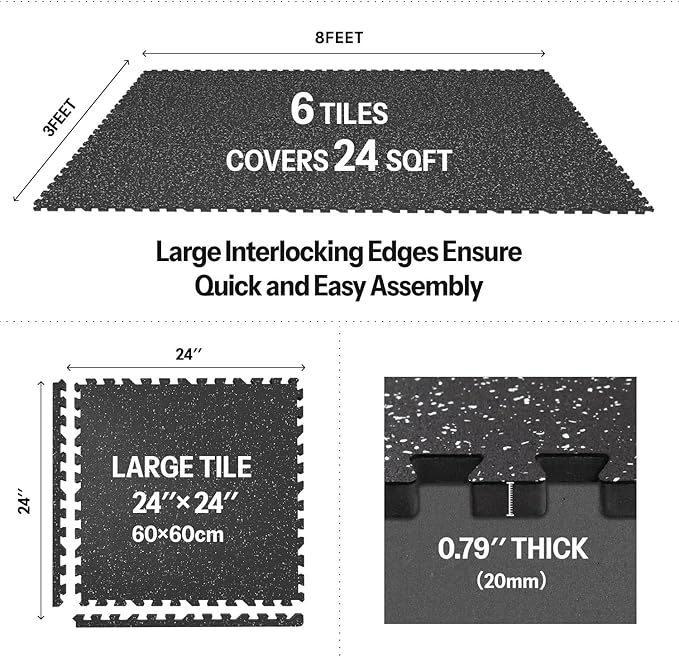 AIRHOP 0.79in Thick 24 Sq Ft Exercise Equipment Mats, 6 Tiles Upgraded Rubber Top with High Density EVA Foam, Large Interlocking Puzzle Gym Flooring for Home Gym, Heavy Weight Workout,Black & White-PawvioPets