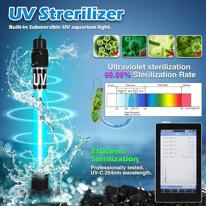 Aquarium U-V Filter Dual Spout 600GPH for Large 100-300 Gallon Fish Tank Silent Canister Internal Filter Cold Plunge Tub Koi Pond Filter, Green Clean Machine Deodorization for Saltwater Freshwater-PawvioPets