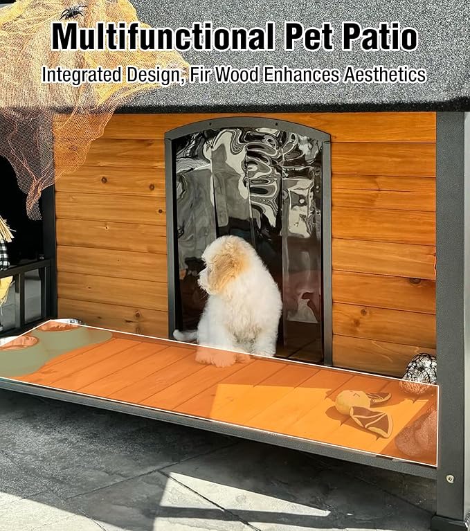 Extra Large Dog House Outdoor for Large Dogs, Insulated Dog House with Metal Frame, Waterproof Dog Shelter with Asphalt Roof, PVC Curtain & Multifunctional Patio, Indoor Outdoor Use-PawvioPets