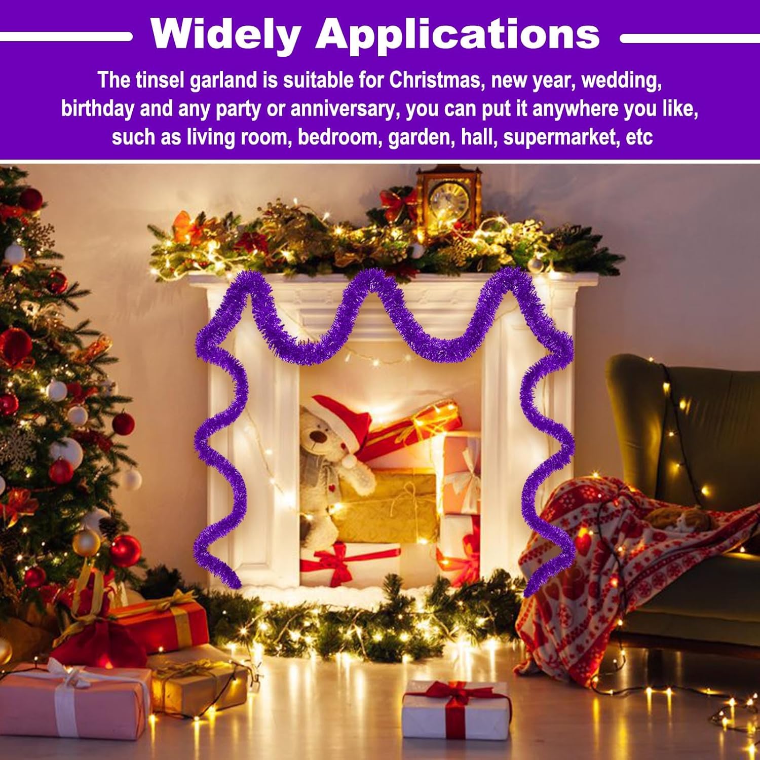 25 Feet Metallic Twist Tinsel Garland Wall Hanging Backdrop for Parade Floats, Christmas Eve, New Year, Valentine's Day Party Decorations (Purple, 4in x 25ft)
