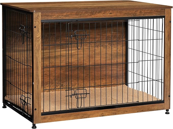 DWANTON Dog Crate Furniture with Cushion, Wooden Kennel Table with Double Doors, Indoor Dog House, Large Size, 38.5" L, Warm Brown-PawvioPets