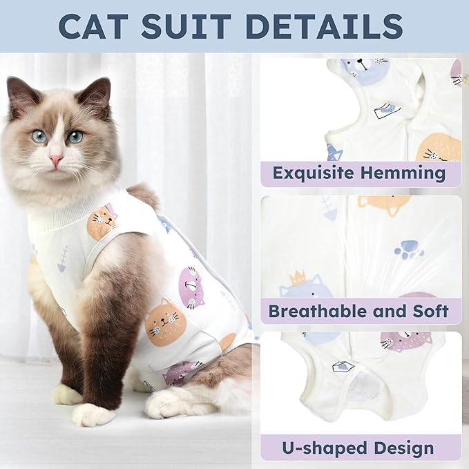 Cat Recovery Suit for Spay Abdominal Wounds, Breathable Cat Onesie for Cats After Surgery Female, Kitten Surgical Recovery Suit Female Cone of Shame Alternative for Cats Anti Licking-PawvioPets
