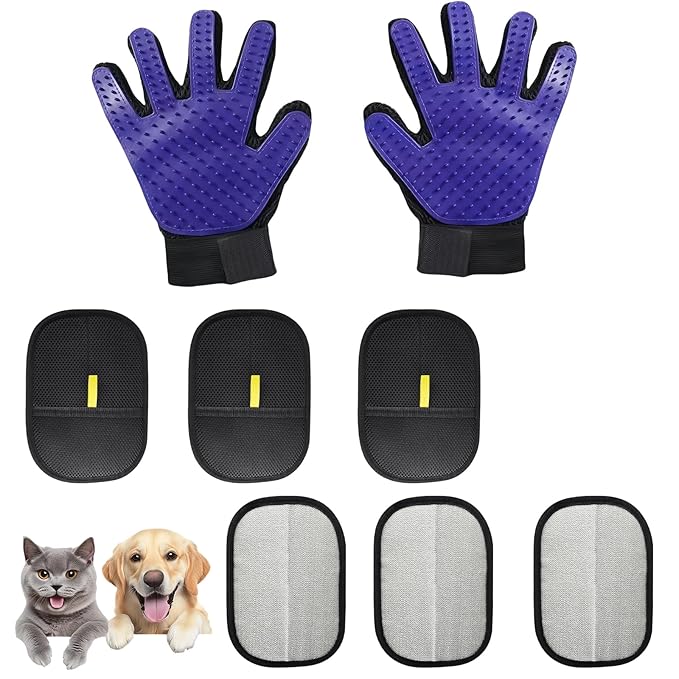8 Pcs Pet Grooming Gloves for Shedding – 6x Reusable Cat & Dog Hair Removal Gloves+ 1 Pair 2-in-1 Deshedding Brush & Massage Mitt – Safe for Dogs & Cats, Efficient (Blue)-PawvioPets