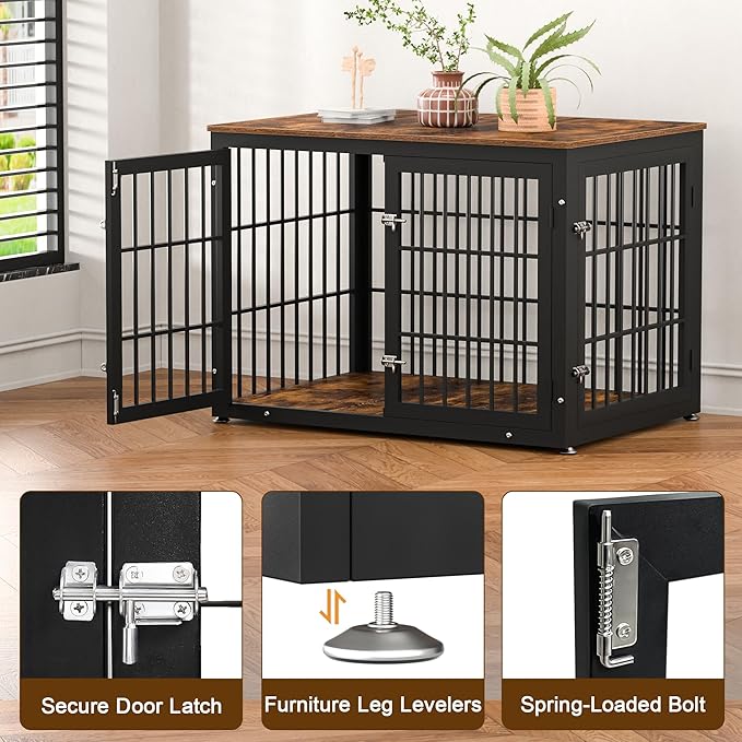 42 Inch Heavy Duty Dog Crate Furniture for Large and Medium Dogs, Decorative Pet House End Table, Wooden Cage Kennel Furniture Indoor, Rustic Brown-PawvioPets