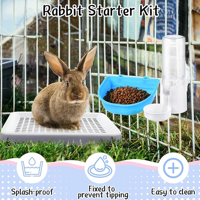19 Pcs Rabbit Starter Kit Small Bunny Litter Box Animal Grooming Kit Water Bottle Bunny Toys Hay Feeder Bowl Blankets with Cleaning Set for Guinea Pig Rabbit Accessories-PawvioPets