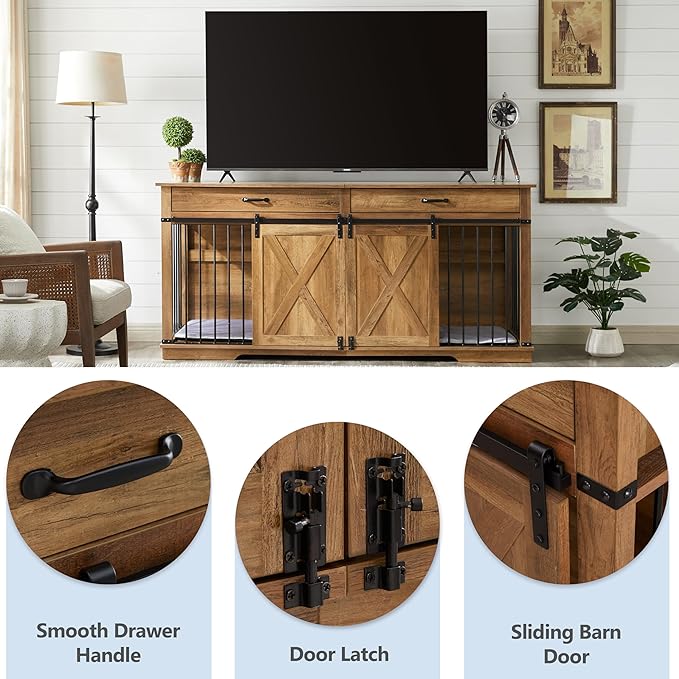 72.5" Extra Large Furniture Style Double Dog Crates for Large Breeds, XXL Wooden Dog Kennel Furniture with Drawers, Divider, Water Resistant & Barn Door for 2 Dogs, Rustic Oak-PawvioPets