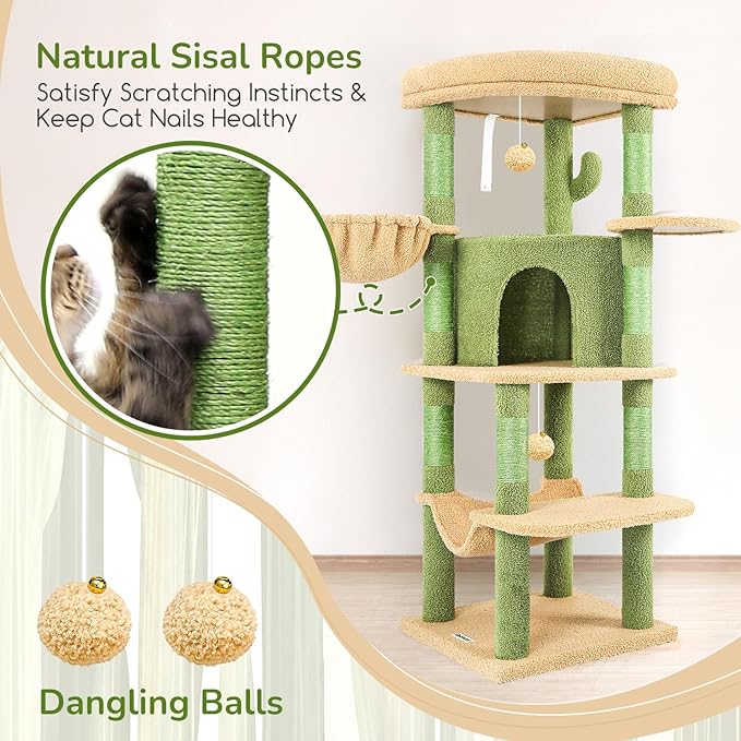 Globlazer Cactus Corner Cat Tree Tower with Scratching Post for Indoor Cats, 51in Multi-Level Cat Condo Tower with Large Hammock, Fan-Shaped Padded Perch, Spacious Cat Cave, Hanging Basket, C51, Green-PawvioPets