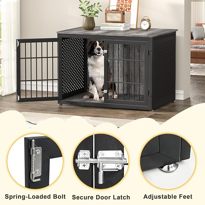 42" Heavy Duty Dog Crate Furniture for Large and Medium Dogs, Enclosed Design Wooden Metal Kennel, Wooden Cage Furniture Indoor, Decorative Dog Kennel End Table-PawvioPets