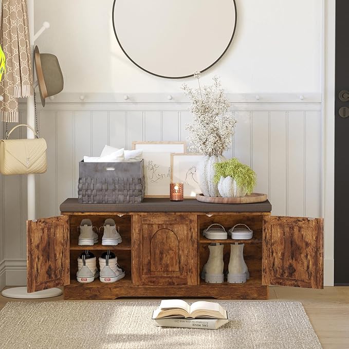 DINZI LVJ Shoe Bench, Entryway Storage Bench with Doors, Cushion, 2-Tier Shoe Rack with 6-Cubby, 39.4”L x 13.8”W Shoe Organizer Cabinet, Adjustable Shelf, Living Room, Bedroom, Rustic Brown-PawvioPets