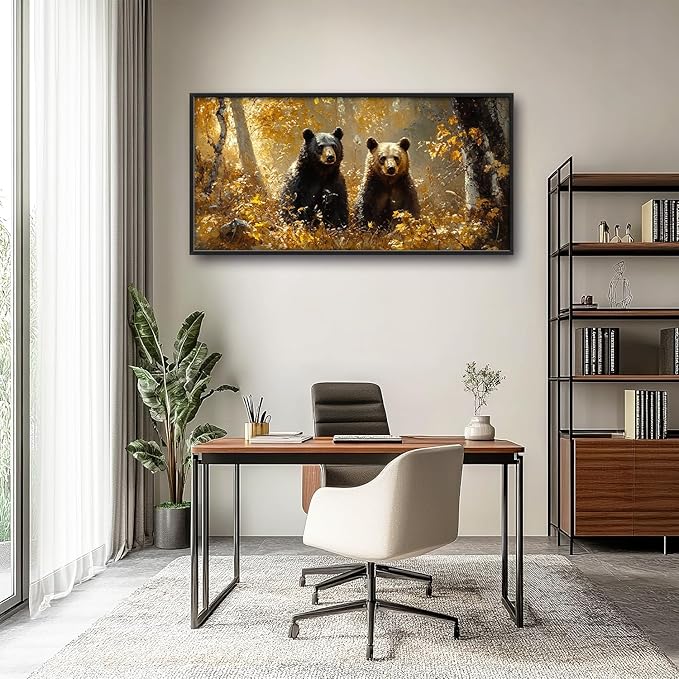 Large Forest Bear Wall Art for Living Room, Black Bear Autumn Canvas Oversized Wall Decor, Wildlife Framed Pictures Painting Print Artwork for Bedroom Office 60L" x 30W"-PawvioPets
