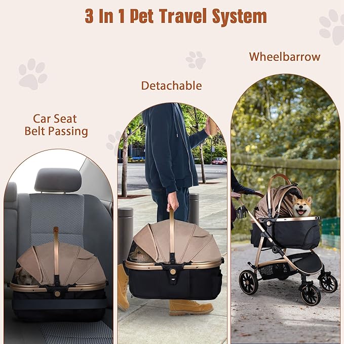 3 in 1 Multifunction Pet Stroller for Small Medium Dogs Cats, No-Zip Dog Stroller with Detachable Carrier & Cup Holder, One-Hand Quick Fold, 4 Wheels Travel Foldable Aluminum Alloy Frame Up to 33 lbs-PawvioPets