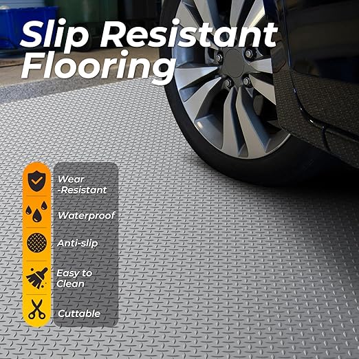 7.8 x 18 FT Garage Floor Mats for Under Car, 2.8mm Thickened Rubber Garage Flooring Roll, M Size 140.4 SQFT Garage Car Mat for Mid-Size SUVs, Sports Car, Light Grey-PawvioPets